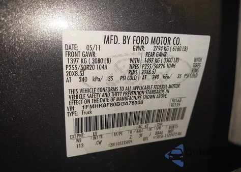 2011 Ford Explorer Limited from USA, damaged, VIN 1FMHK8F80BGA76008